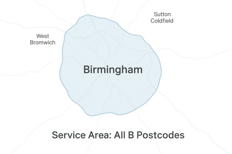 Service-area map showing Diem Legal covers all Birmingham B postcodes