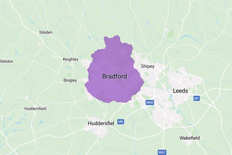 Service-area map showing Diem Legal covers all Bradfford postcodes