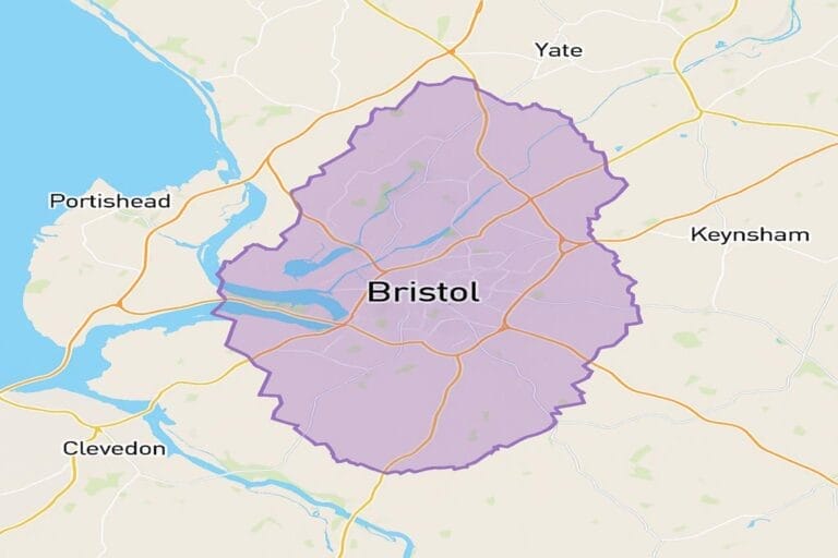 Service-area map showing Diem Legal covers all Bristol postcodes