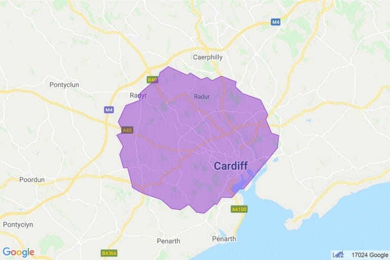 Service-area map showing Diem Legal covers all Cardiff postcodes