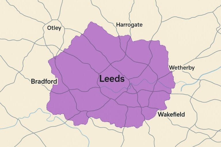 Service-area map showing Diem Legal covers all Leeds postcodes