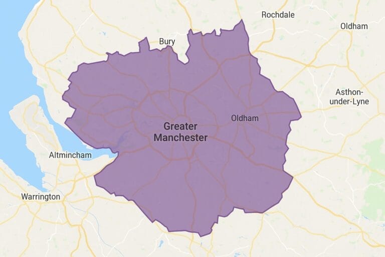 Service-area map showing Diem Legal covers all Manchester postcodes