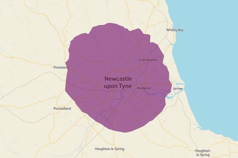 Service-area map showing Diem Legal covers all Newcastle postcodes