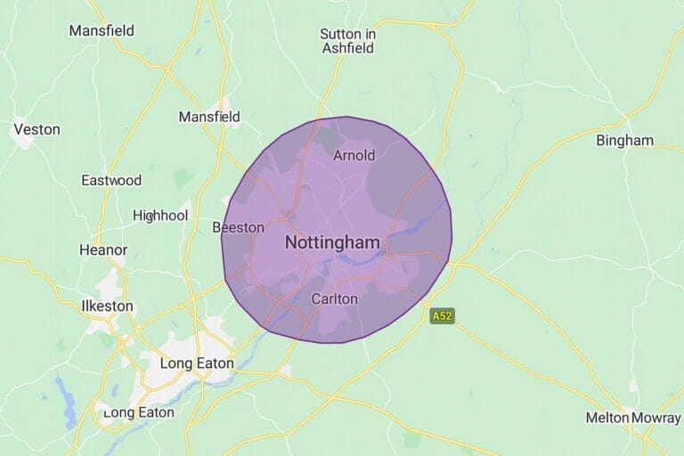 Service-area map showing Diem Legal covers all Nottingham postcodes
